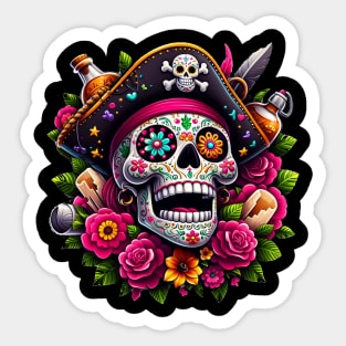 Sugar Skull Art - Swashbuckling Pirate Skull Sticker